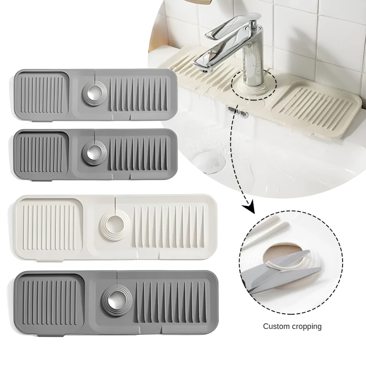 Silicone sink splash guard mat under a kitchen faucet in light grey colour