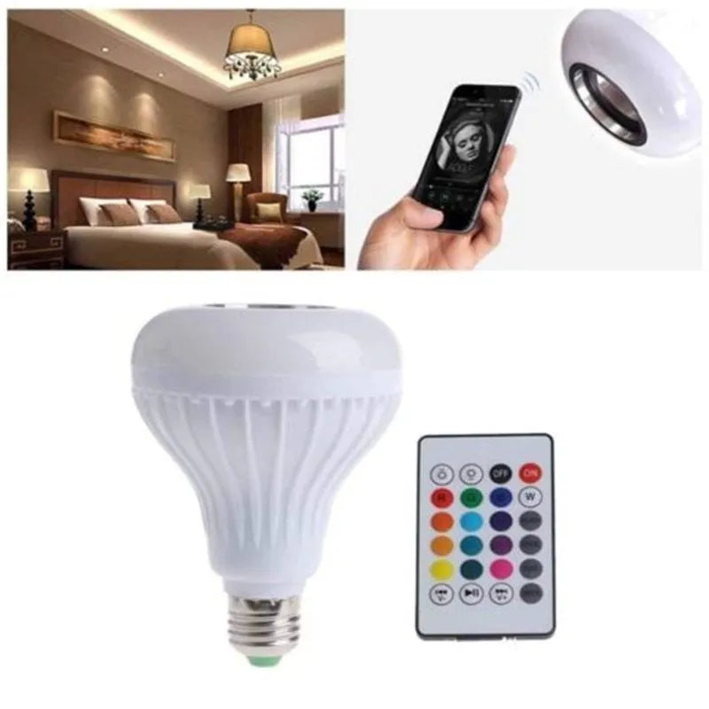 White Bluetooth speaker LED light bulb with E27 base and remote control for colour changing