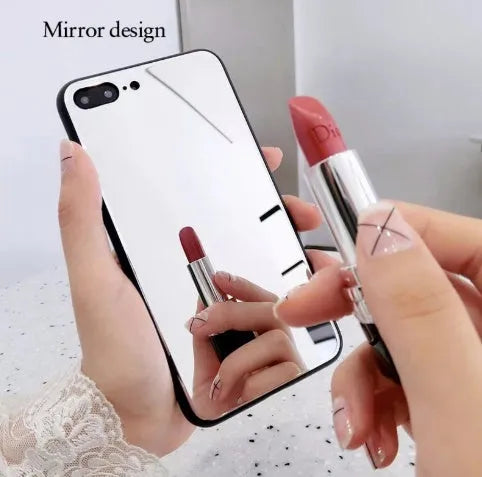 Black iPhone mirror phone case with integrated make-up mirror on back, compatible with iPhone 7 Plus, 8 Plus and X models