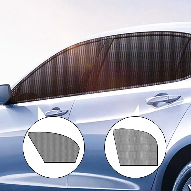 Set of four elastic-fit non-woven mesh sunshades for car front and rear side windows.