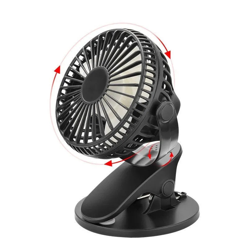 Small white USB rechargeable clip fan with plastic blades attached to a stroller handle.