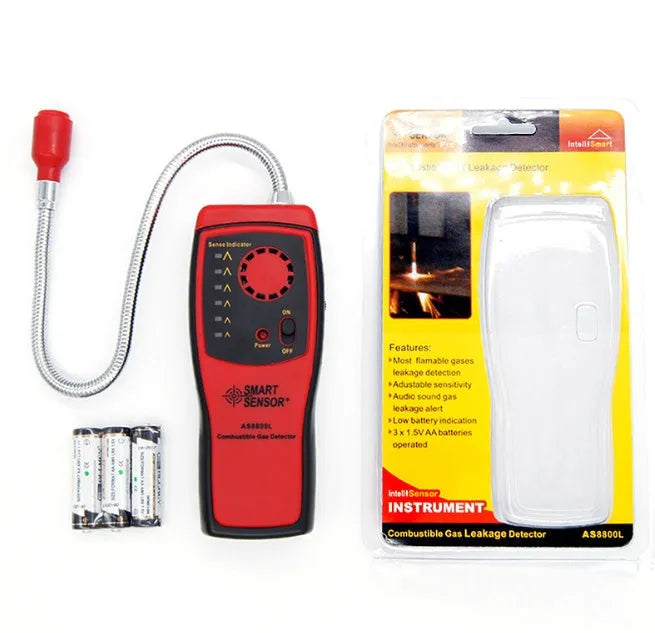 AS8800L handheld portable flammable gas leak detector with digital display and LED lights.