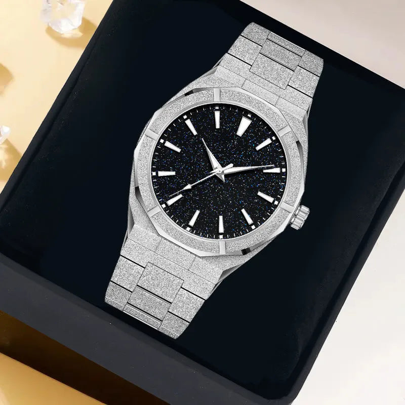 Business men's watch with frosted stainless steel case and luminous hands in silver, gold or black colour options
