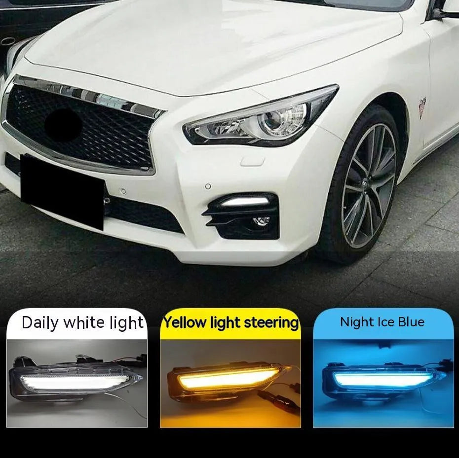 Infiniti Q50 Q70 front bumper LED turn signal and daytime running lamp assembly with ABS housing.