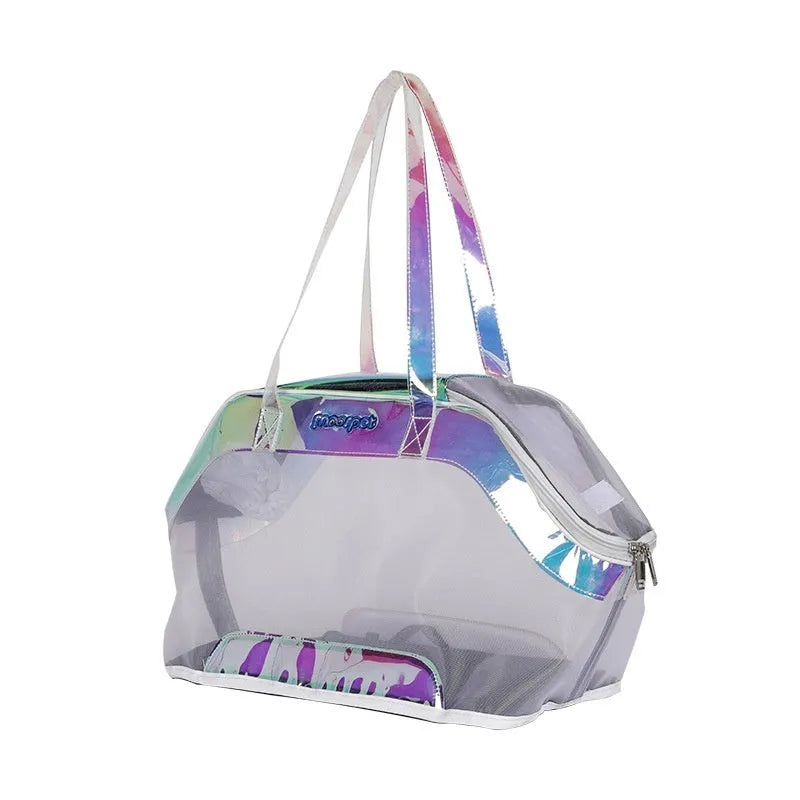 Leather cat outing carry bag in solid colour with structured 25L capacity.