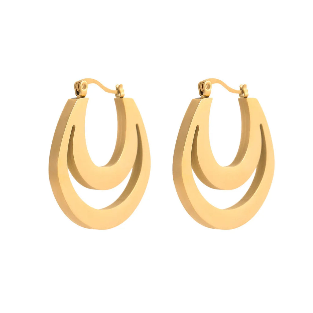 Geometric French earrings with round ring design in 18K gold-plated stainless steel, shown in gold and steel silver finishes.
