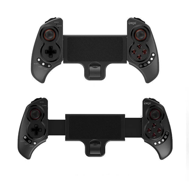 PG-9023 black telescopic wireless game controller extended with a mobile phone attached in the centre