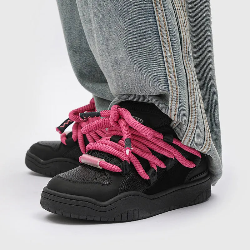 Unisex thick sole casual sneakers in denim blue with lace-up front and round toe