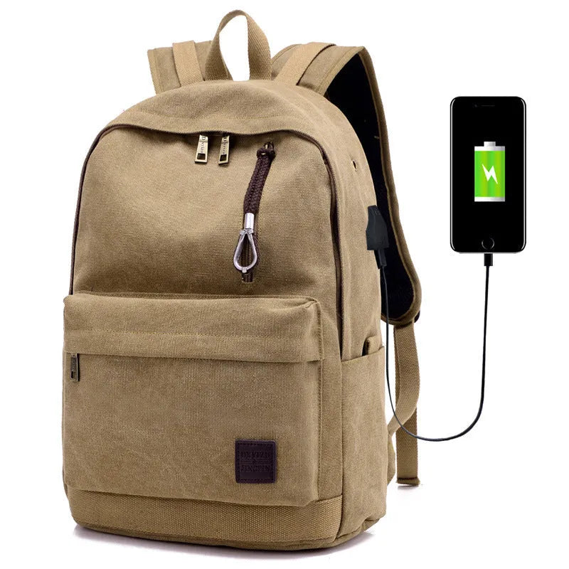 USB rechargeable canvas backpack showing computer pocket and front zipper compartment