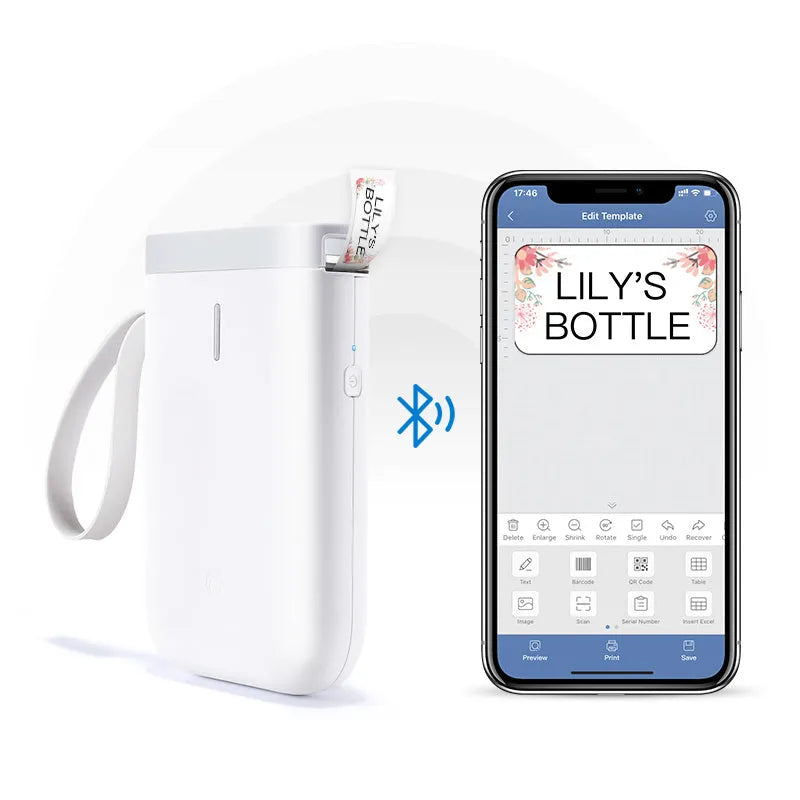 D11 Bluetooth thermal label printer in black, white, green, or pink next to a smartphone showing the label design app.