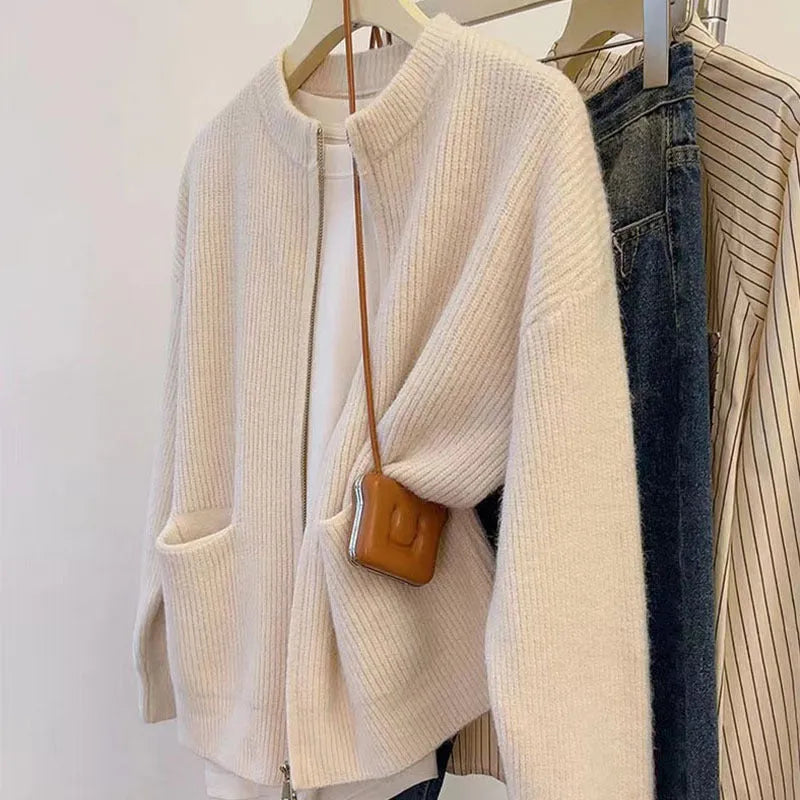 Beige temperature-sensitive viscose fibre long sleeve cardigan coat shown open