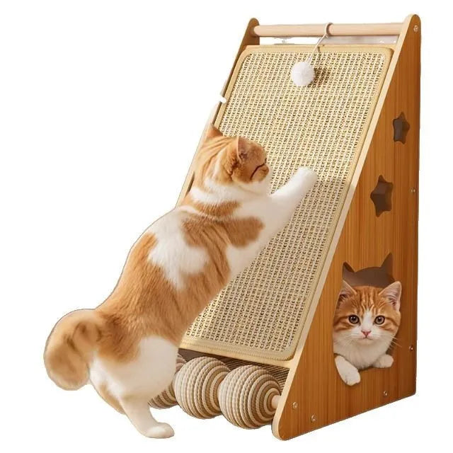 Vertical wall-mounted cat scratch board with sisal surface and hanging teasing ball