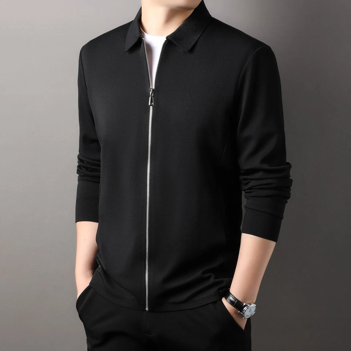 Men's straight hem polyester jacket in apricot, black, and dark grey colours.