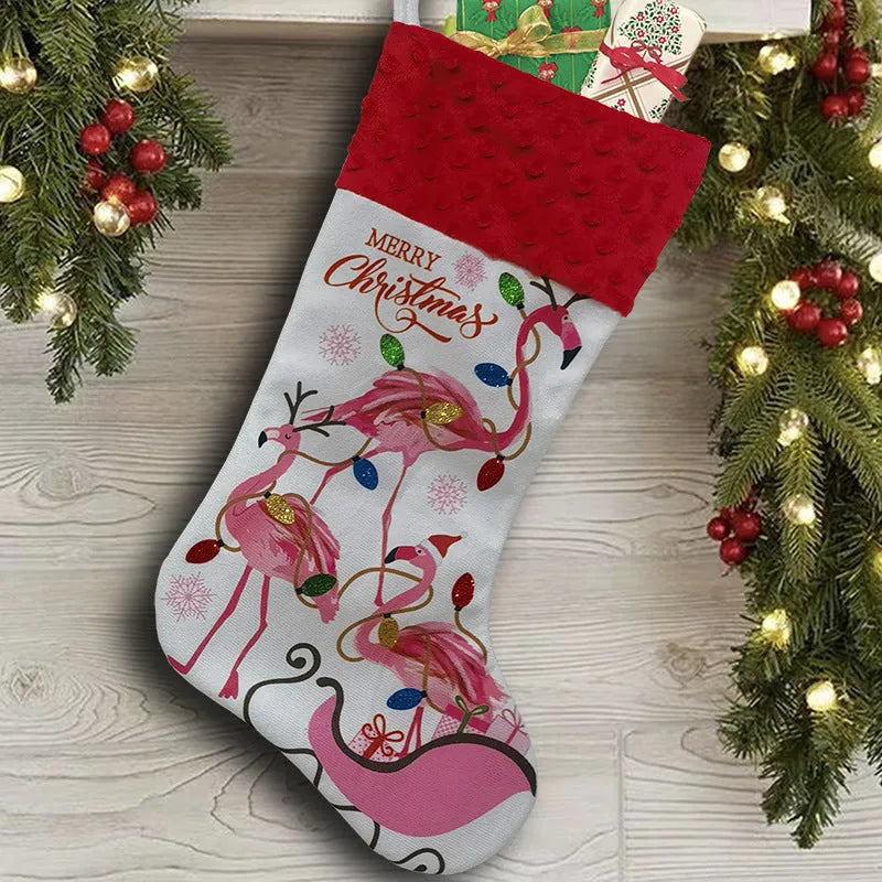 Flamingo Christmas stocking with decorative pendant measuring 46 by 28 centimetres