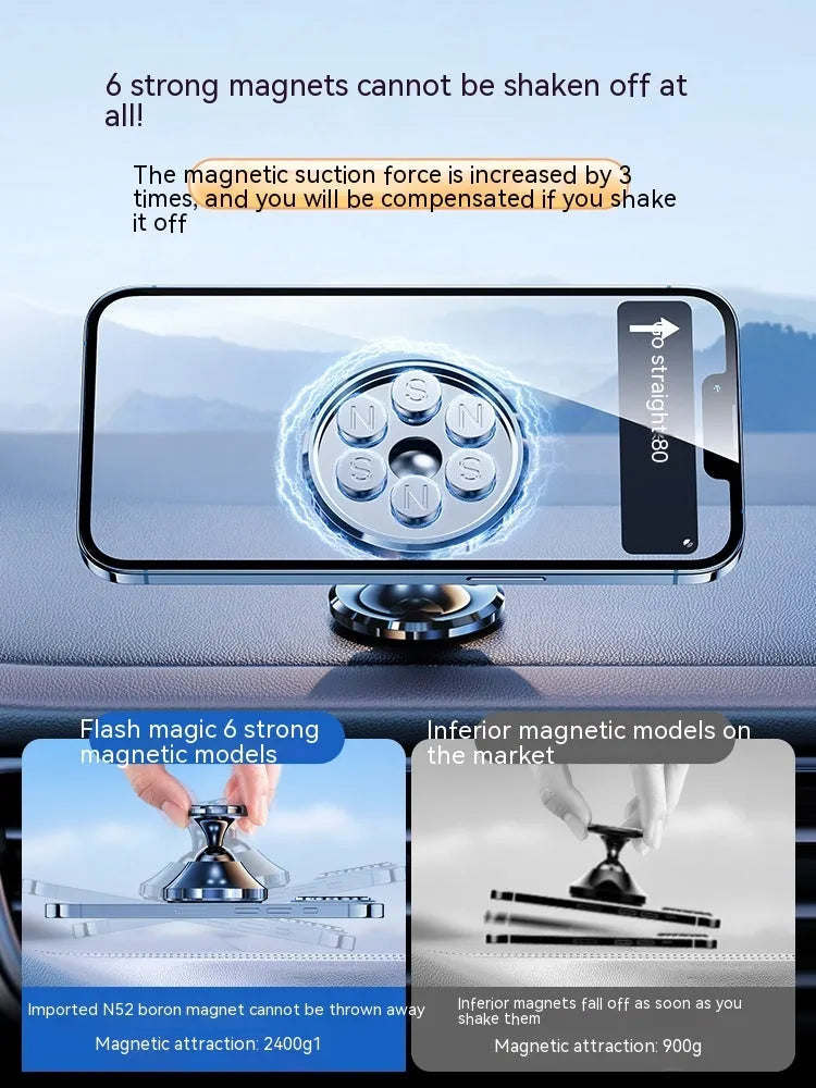 Shiny black magnetic car phone holder with alloy construction and suction cup base for dashboard mounting.