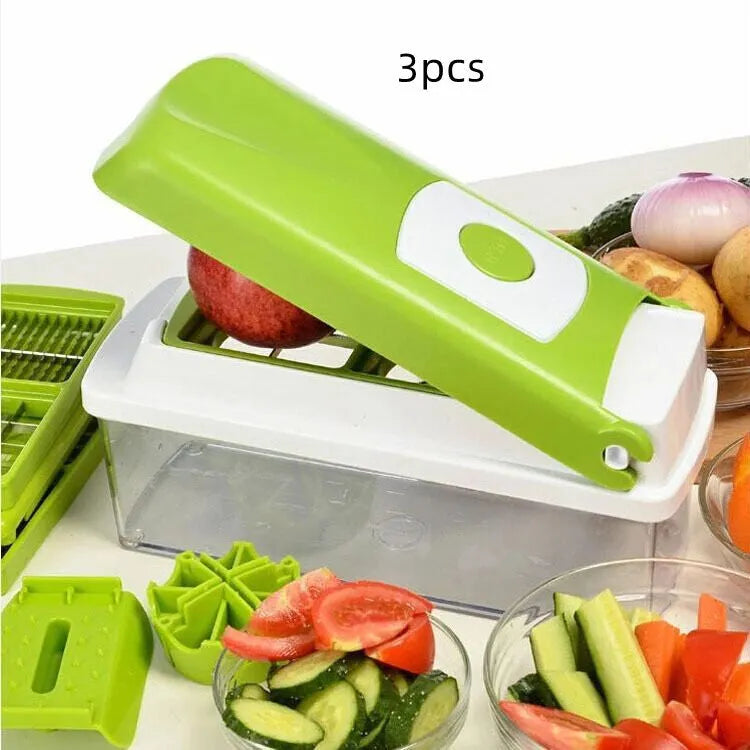 Green ABS plastic vegetable chopper with stainless steel blades and 12 kitchen accessories for manual food preparation
