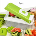 Green ABS plastic vegetable chopper with stainless steel blades and 12 kitchen accessories for manual food preparation