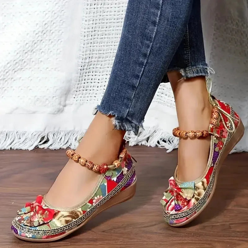 Women's black ethnic platform sandals with elasticated band and cloth upper on PU sole