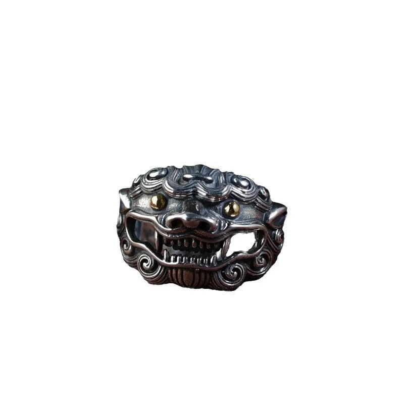 Silver open ring with Jibeast pattern and diamond detailing in retro zodiac design