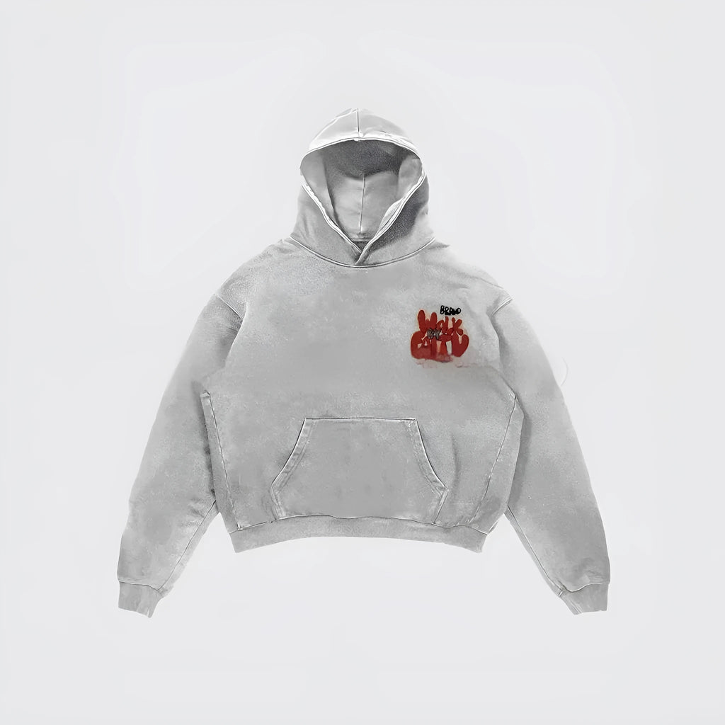 Granny grey hoodie with vintage character letter print and pocket