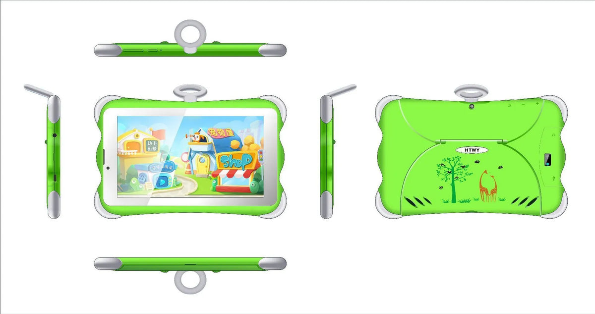 7-inch children's learning tablet with colourful cartoon design, showing screen interface and built-in stand