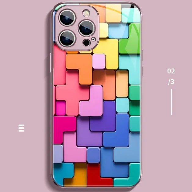 Colourful cartoon geometric design silicone back cover case for iPhone on a white background.