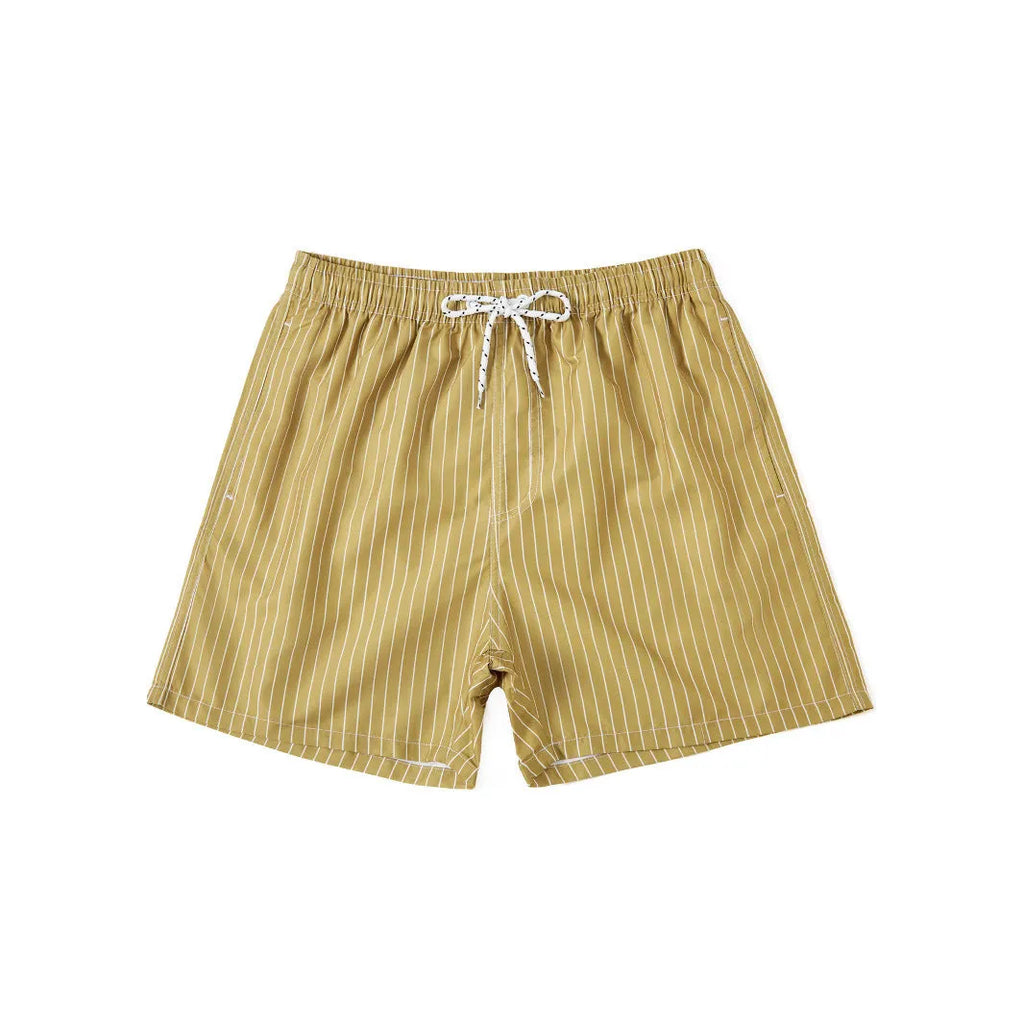 Navy blue striped beach shorts with straight leg opening and triangle lining, flat lay.