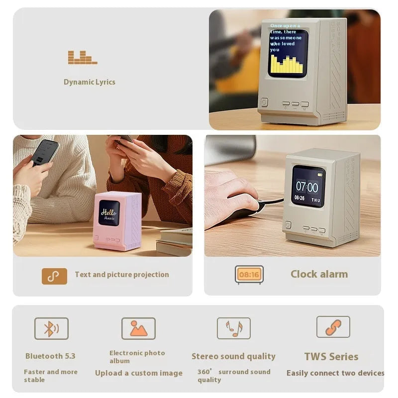 Retro pink purple Bluetooth speaker table clock with 5W rated power and 60Hz-15KHz frequency range.