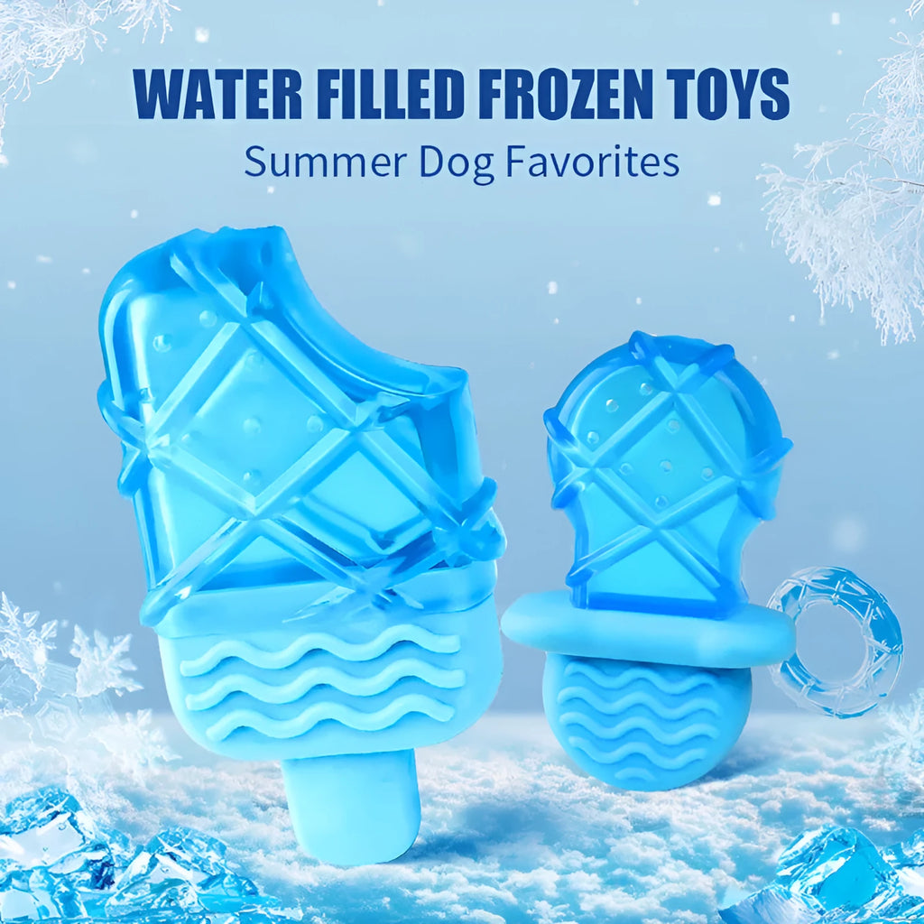 Dog cooling toy set with water-filled pacifier, popsicle and ring shapes for freezing