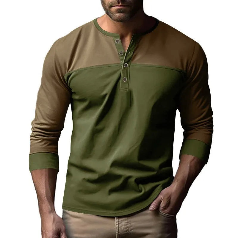 Men's long sleeve casual T-shirt with Henry collar in retro colour matching design