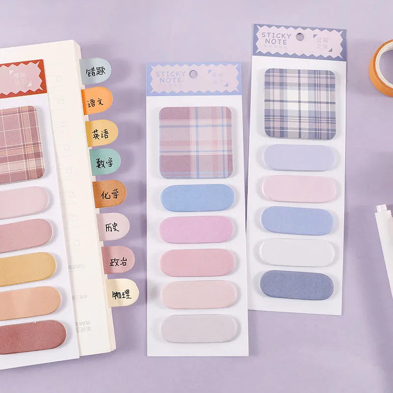 Colourful memo pad with sticky notes showing eight cover colour variations and 67mm x 200mm dimensions