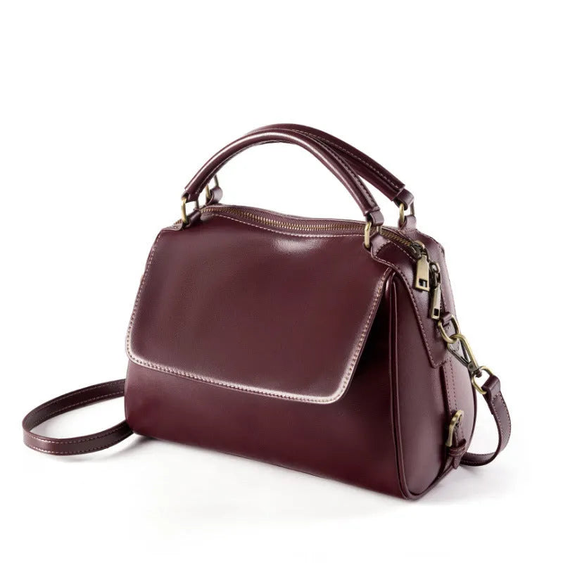 Women's genuine leather crossbody tote bag in cross square shape with dual shoulder straps