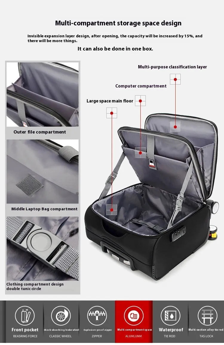 Black 18-inch Oxford cloth business suitcase with retractable handle and wheels.