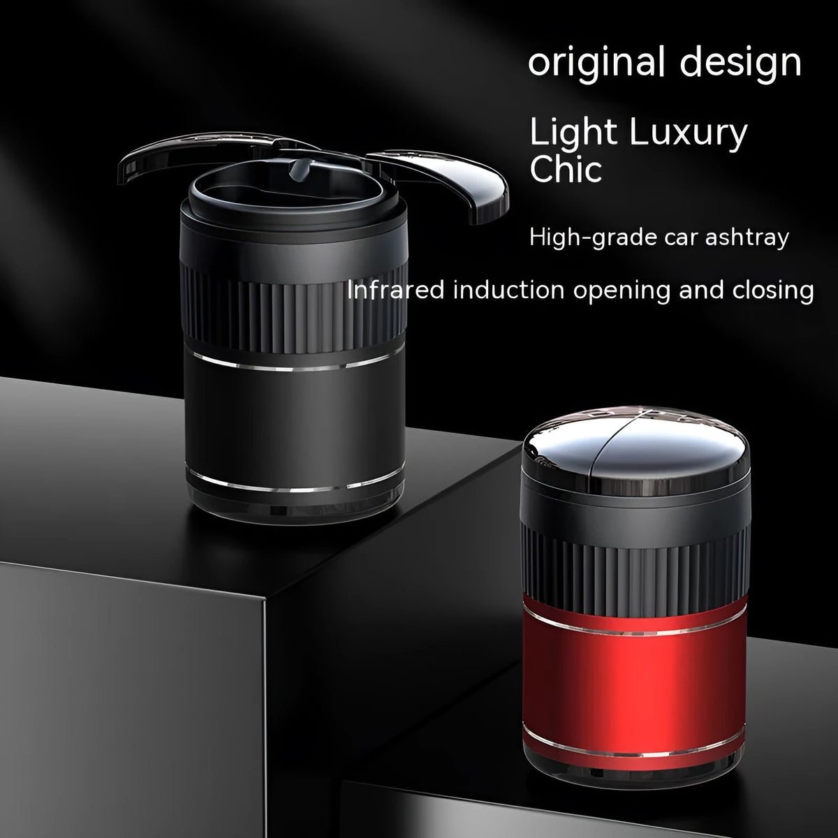 Black metal smart car ashtray with automatic infrared sensor and lid