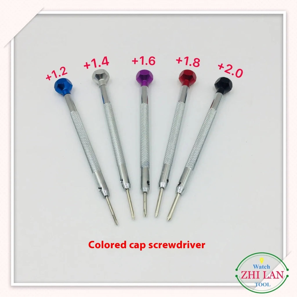 Six coloured aluminium handle screwdrivers for watch repair with spring steel cutter heads
