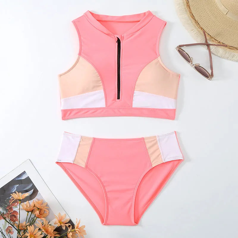Pink high-waist women's bikini swimsuit with briefs style on a mannequin.