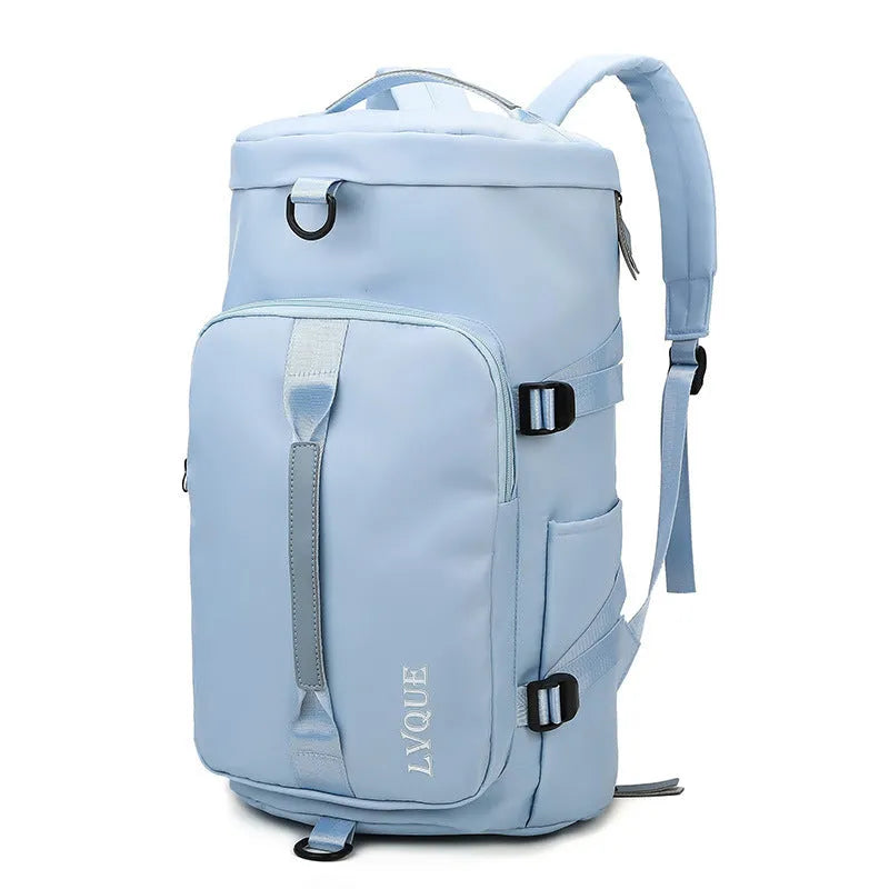 Black convertible nylon gym bag showing backpack, shoulder bag, and handbag modes with separate shoe compartment.
