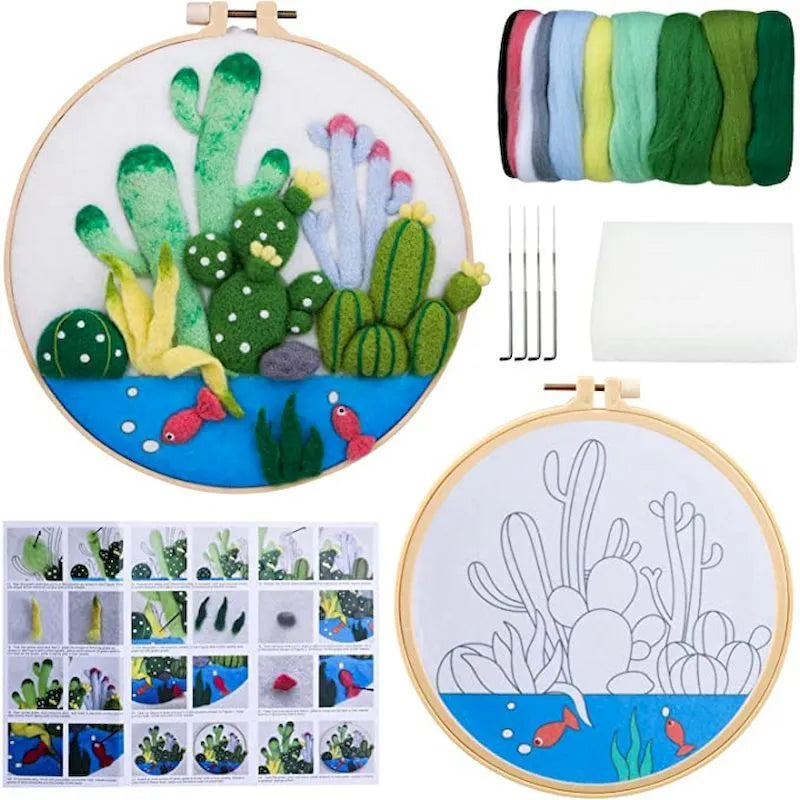 Round linen embroidery kit with wool felt pieces for a 20cm three-dimensional blanket painting project.