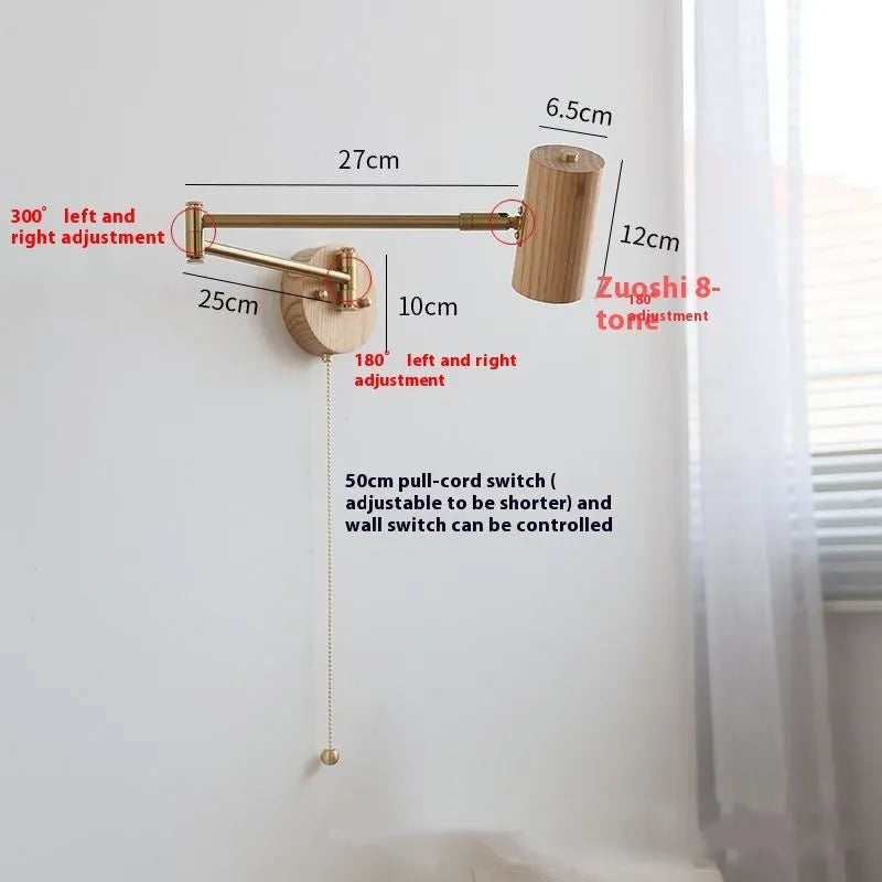 Retro wood finish wall lamp with rotating long-arm spotlight and pull switch