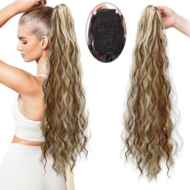 Long 100 cm synthetic wig with water ripple curly hair in fluffy corn curler style on a mannequin head.