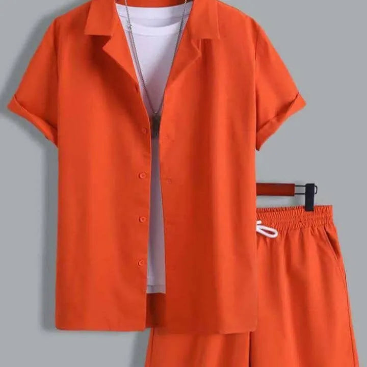 Men's short sleeve Cuban collar sport suit set with matching shorts in thin polyester fabric