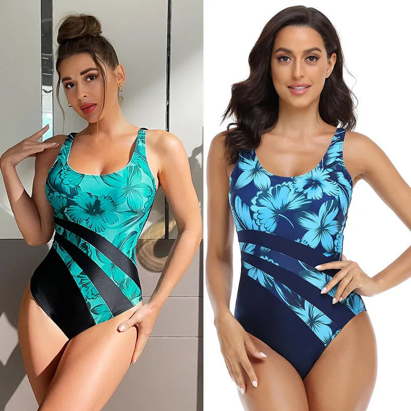 Green and blue conservative women's one-piece swimsuit with a printed tight design.