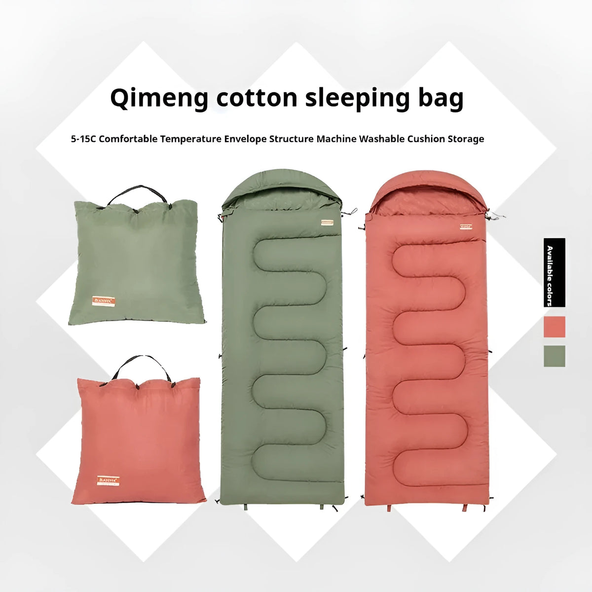 Ochre and olive green cotton sleeping bag quilt for outdoor camping, folded to show portable design.