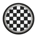 Black and white checkerboard pattern PVC plastic car cup holder mat placed in a vehicle centre console.