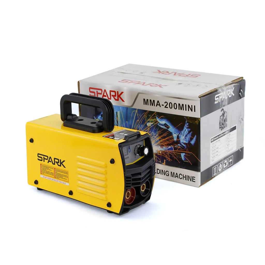 MMA-200MIN DC welding machine with welding tongs, grounding clamp, face shield, and brush hanger accessories