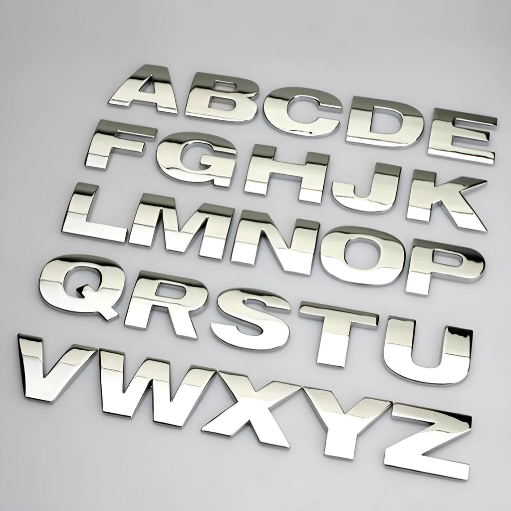 Metal zinc alloy 3D car bumper sticker showing raised English letter, approximately 2.5cm in size