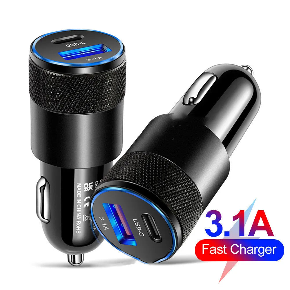 Compact aluminium alloy car mobile phone charger in Black Silver two-tone finish