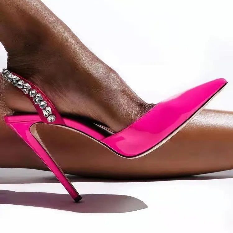 Women's black patent leather pointed-toe high heel sandals with side rhinestone detailing on an 11cm heel.