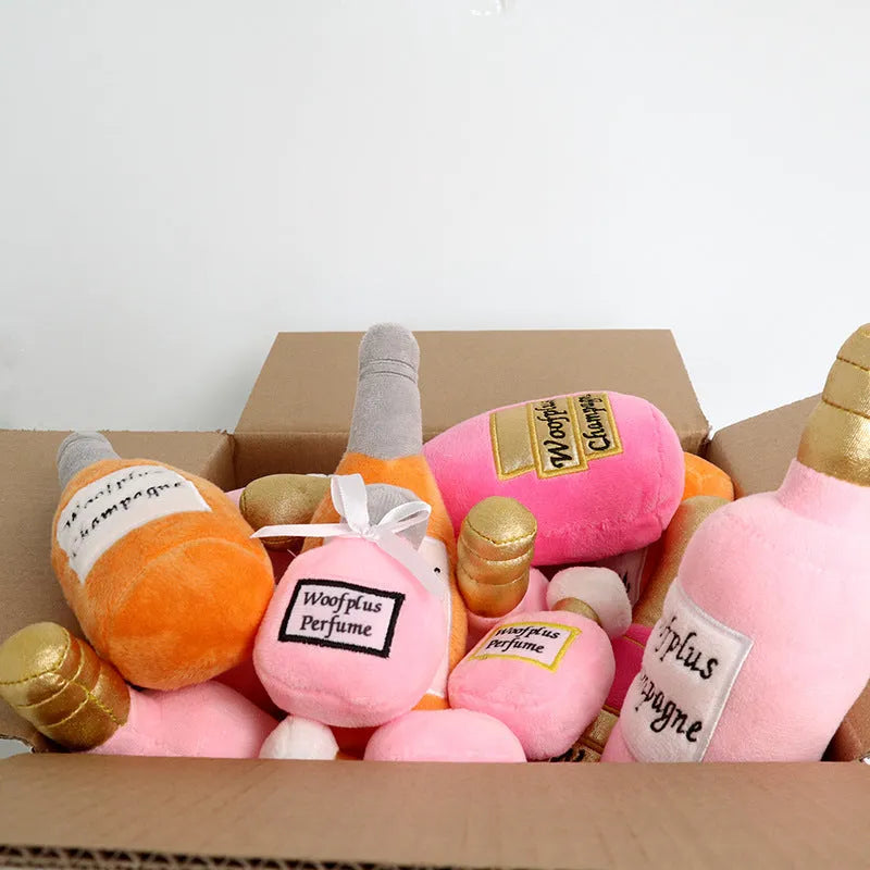 Plush wine bottle pet toy in multiple colours for cats and dogs