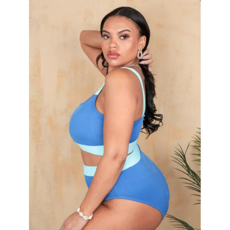 Women's pure colour high-waist bikini set with stitching detail and split styling